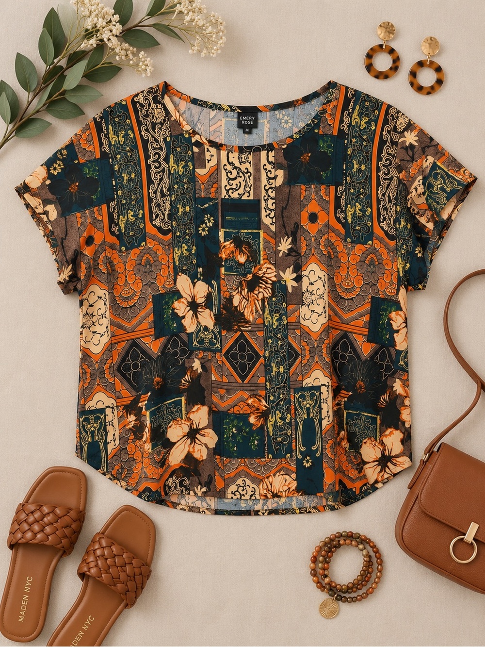 Emery Rose Multicolor Mixed Print Short Sleeve Blouse Size Medium
